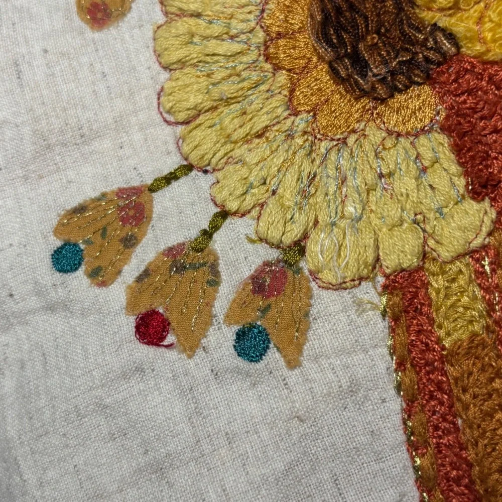 Pier 1 Pillow Cover Cream Orange Embroidered Sunflower Fall Harvest Floral Bird
